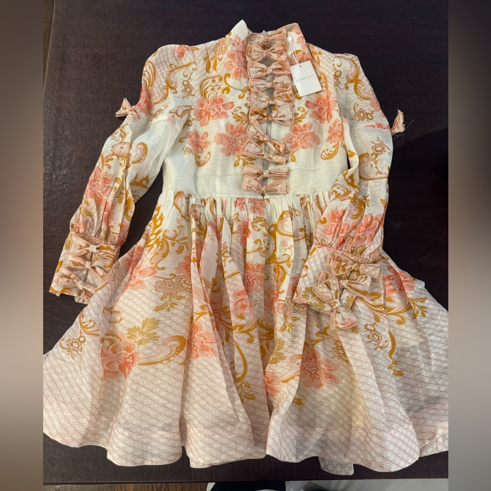 Zimmermann Girls' Floral Lace-Up Dress - Peach, Gold & Cream